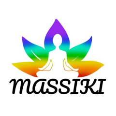 The Massiki Massage logo. Colourful lotus flower design using chakra colours. A white silouette overlay of a person sitting cross legged meditating sits at the bottom of the flower. The word Massiki is written in bold capitals under the design, which is contained entirely in a white circle.